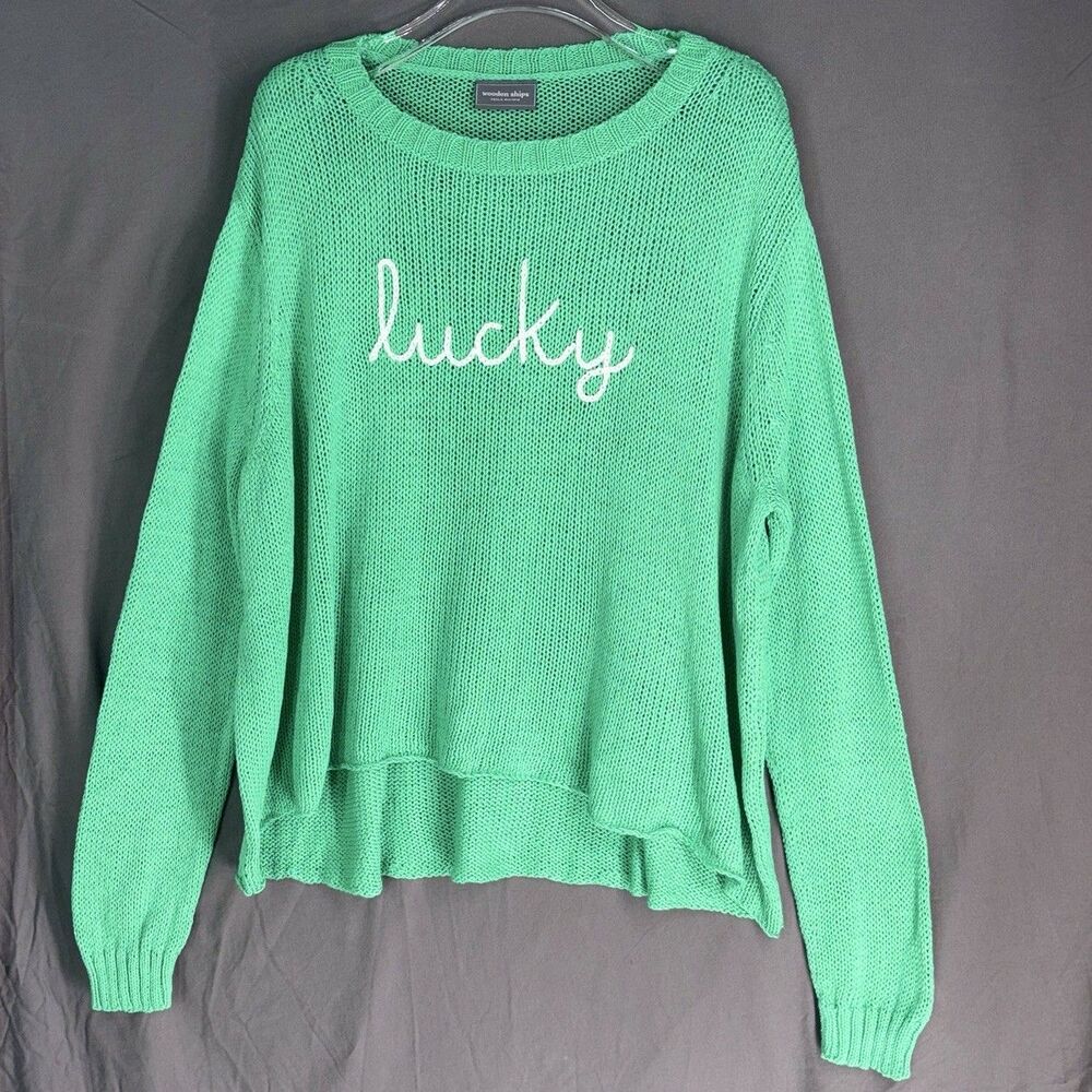 Wooden Ships Sweater M/L Kelly Green Lucky Graphic Oversized Knit Pullover Beach